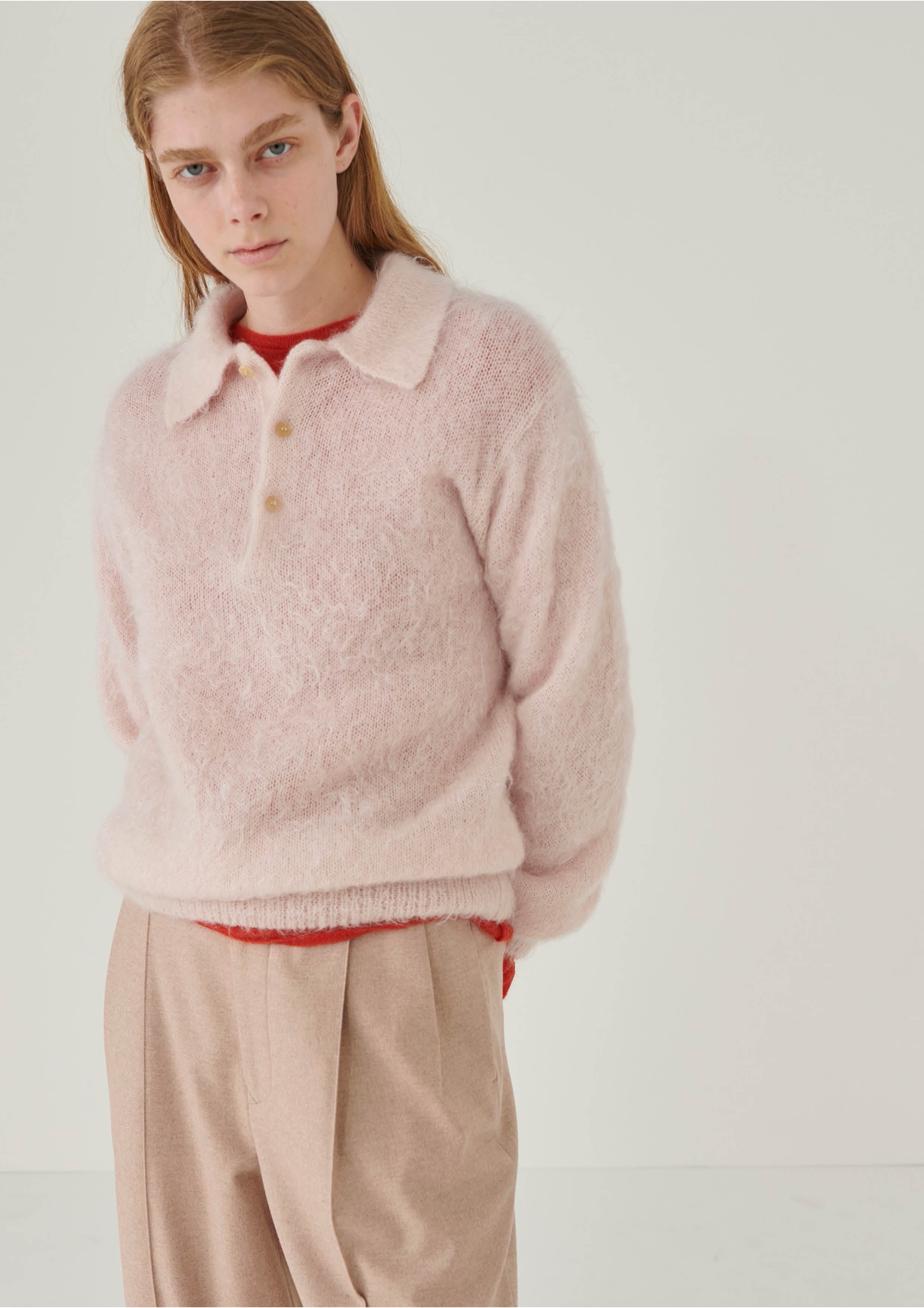 AURALEE - BRUSHED SUPER KID MOHAIR KNIT POLO - LIGHT PINK